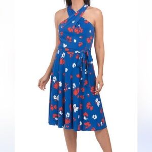 Tahari ASL Midi Dress Blue Red and White Crisscross Neck Shoulder Baring Size 14